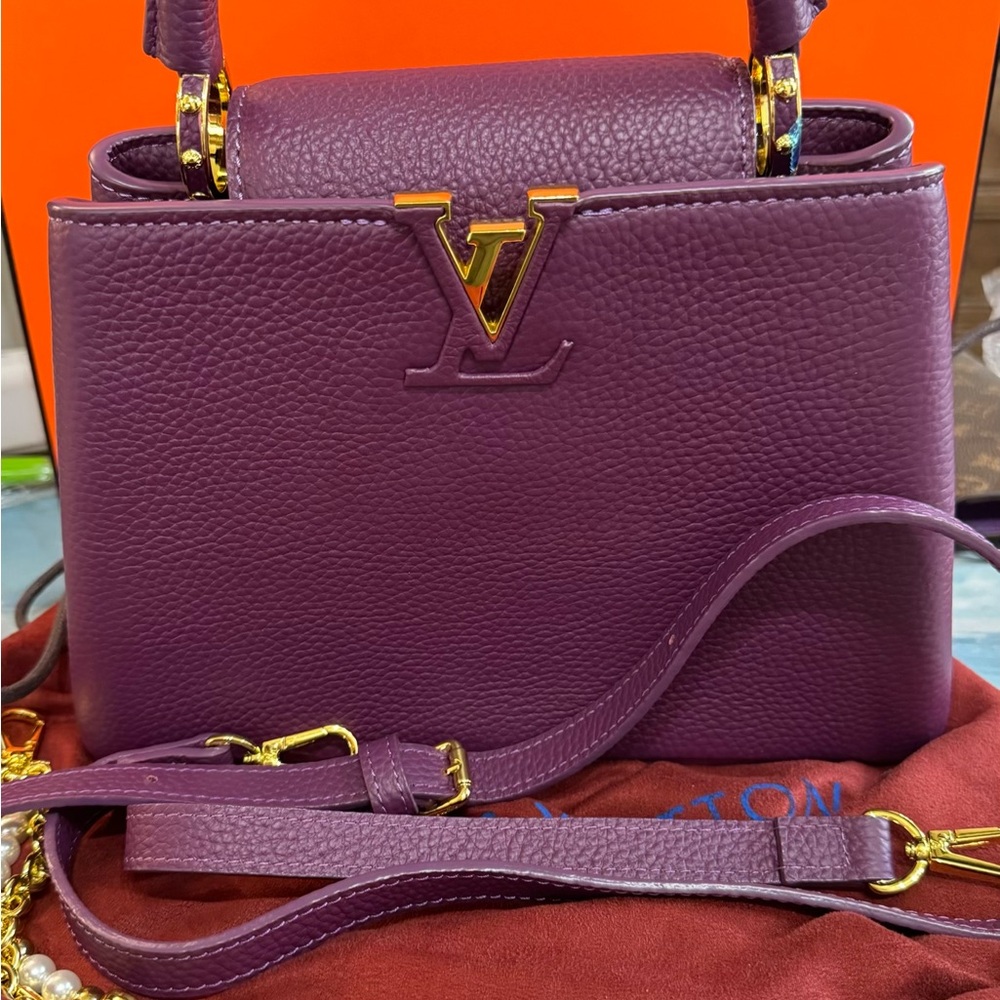 Louis Vuitton style Plum Capucine Crossbody Bag in leather with dust bag